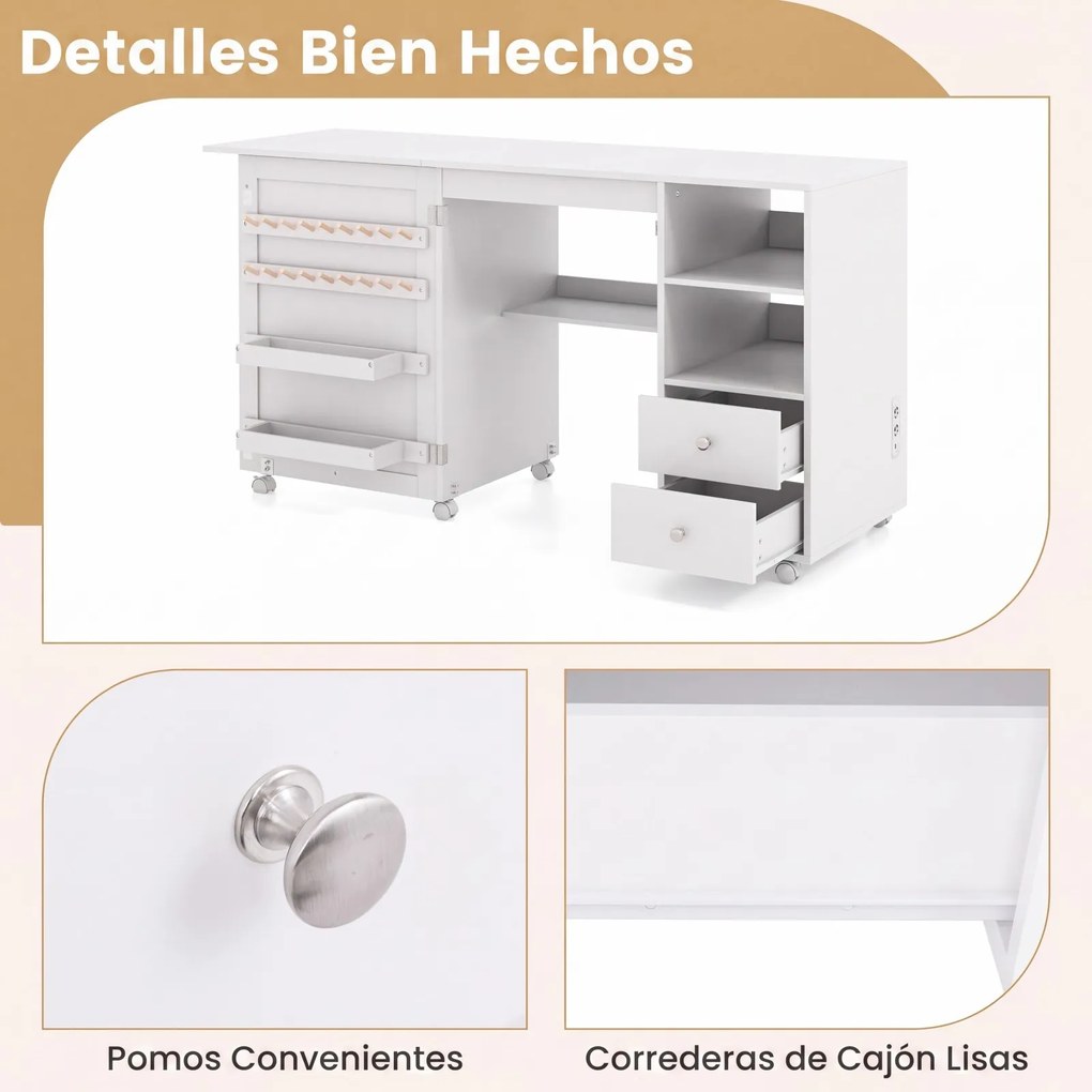 Mesa de Costura Dobrável, 88 x 50 x 78 cm, Estação de Carregamento Integrada, Branco
