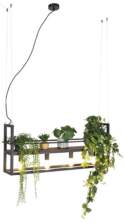 Candeeiro de suspensão industrial preto com prateleira de madeira 4 luzes - Cage Rack Industrial