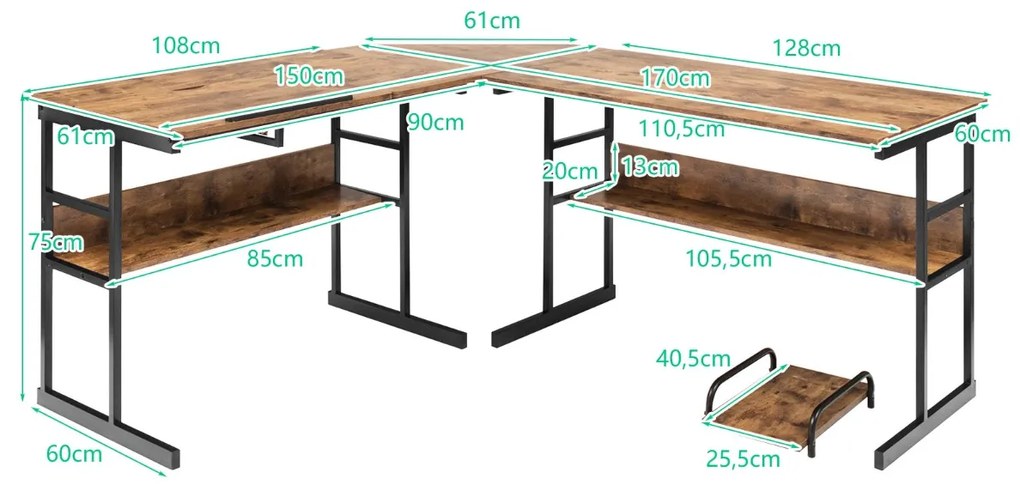 Secretária de canto moderna em forma de L, com mesa de desenho inclinável com prateleira inferior, estrutura em metal - Castanho Escuro
