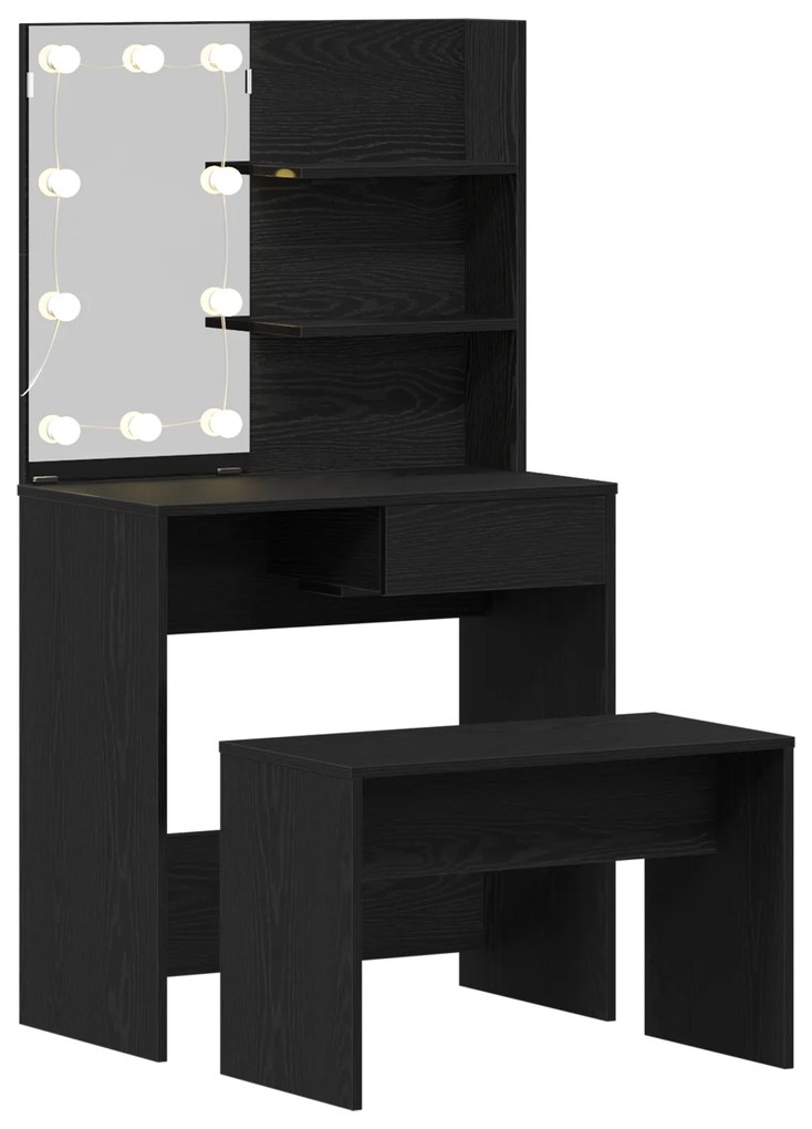 Conjunto de Mesa de Maquilhagem vidaXL com LED em Carvalho Preto de Ma
