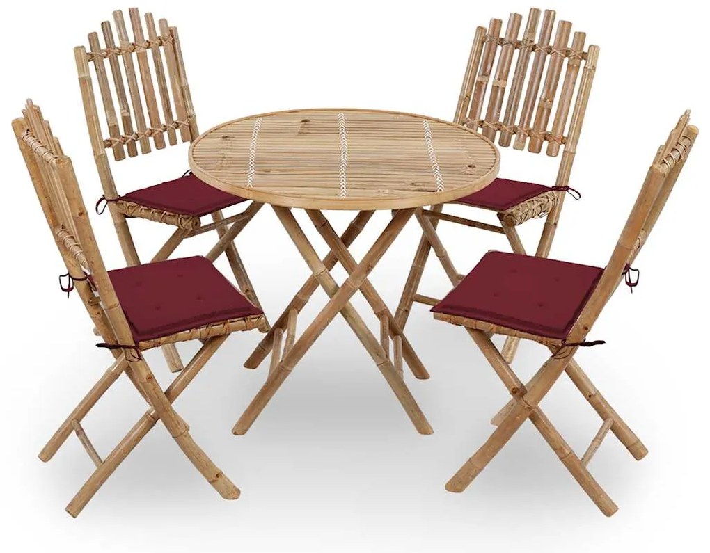5 pcs conj. de jantar dobrável c/ almofadões p/ exterior bambu