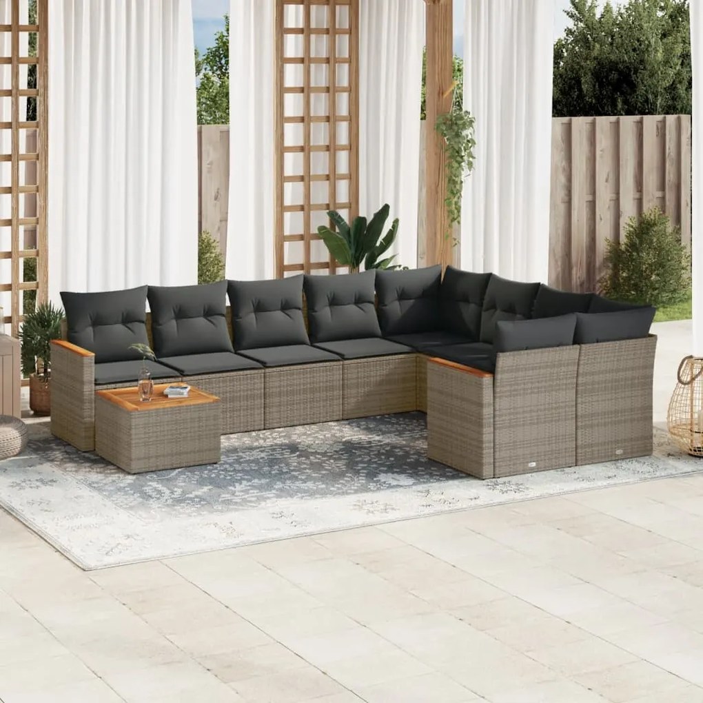 10 pcs conjunto sofás de jardim c/ almofadões vime PE cinzento