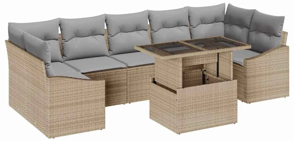 Conjunto de Sofá de Jardim 8 Peças com Almofadas Bege em Rattan