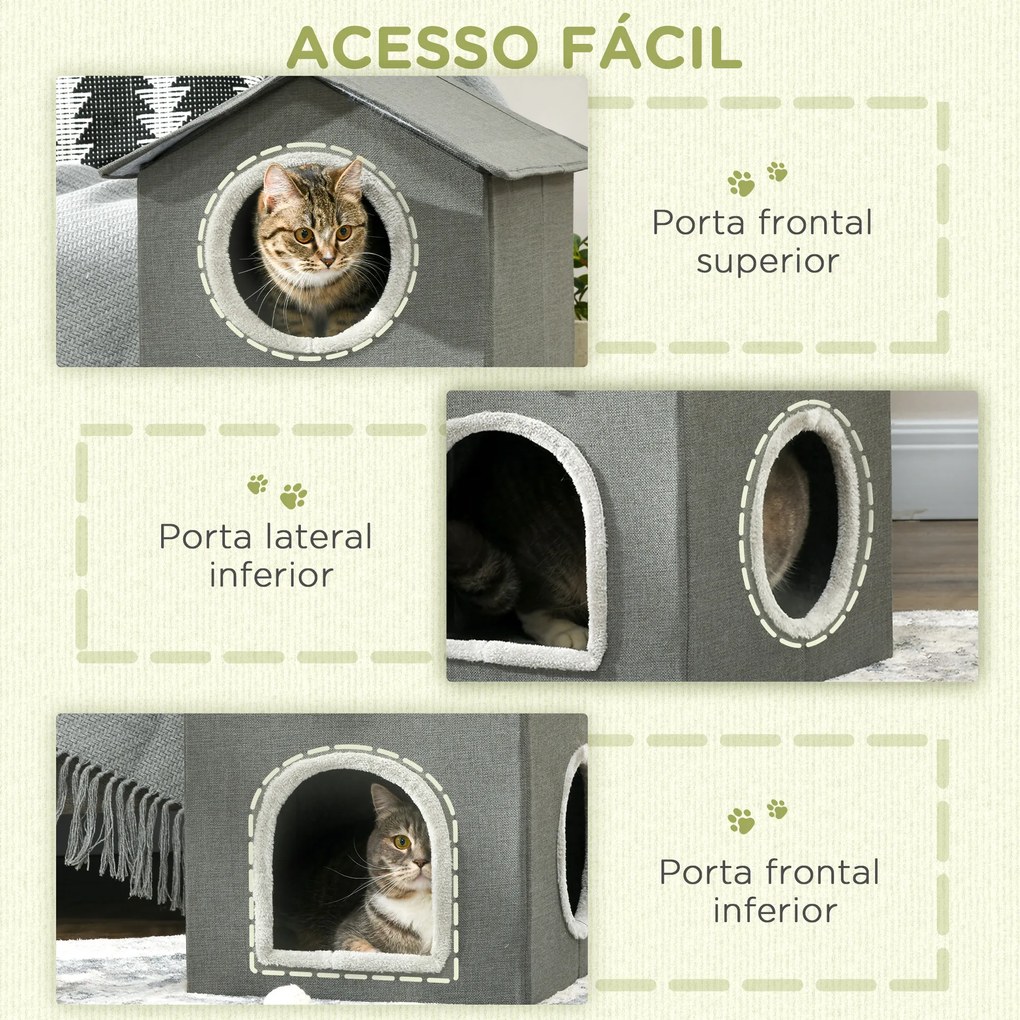 Casa para Gatos de 2 Níveis Cama para Gatos Caverna para Gatos com 3 Portas e Almofadas Laváveis 42x46x59,5 cm Cinza