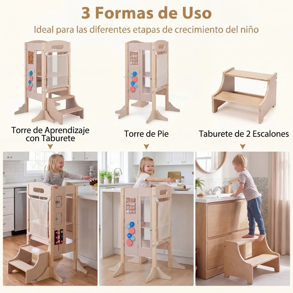 Torre de Aprendizagem Infantil Dobrável, 83,5 x 73 x 93 cm, 3 Níveis Ajustáveis, Natural