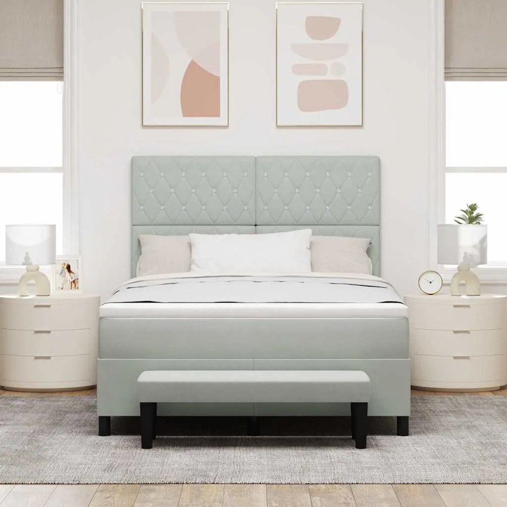 Cama Box Spring com Colchão e Banco Cinza Claro 140x190 cm Veludo