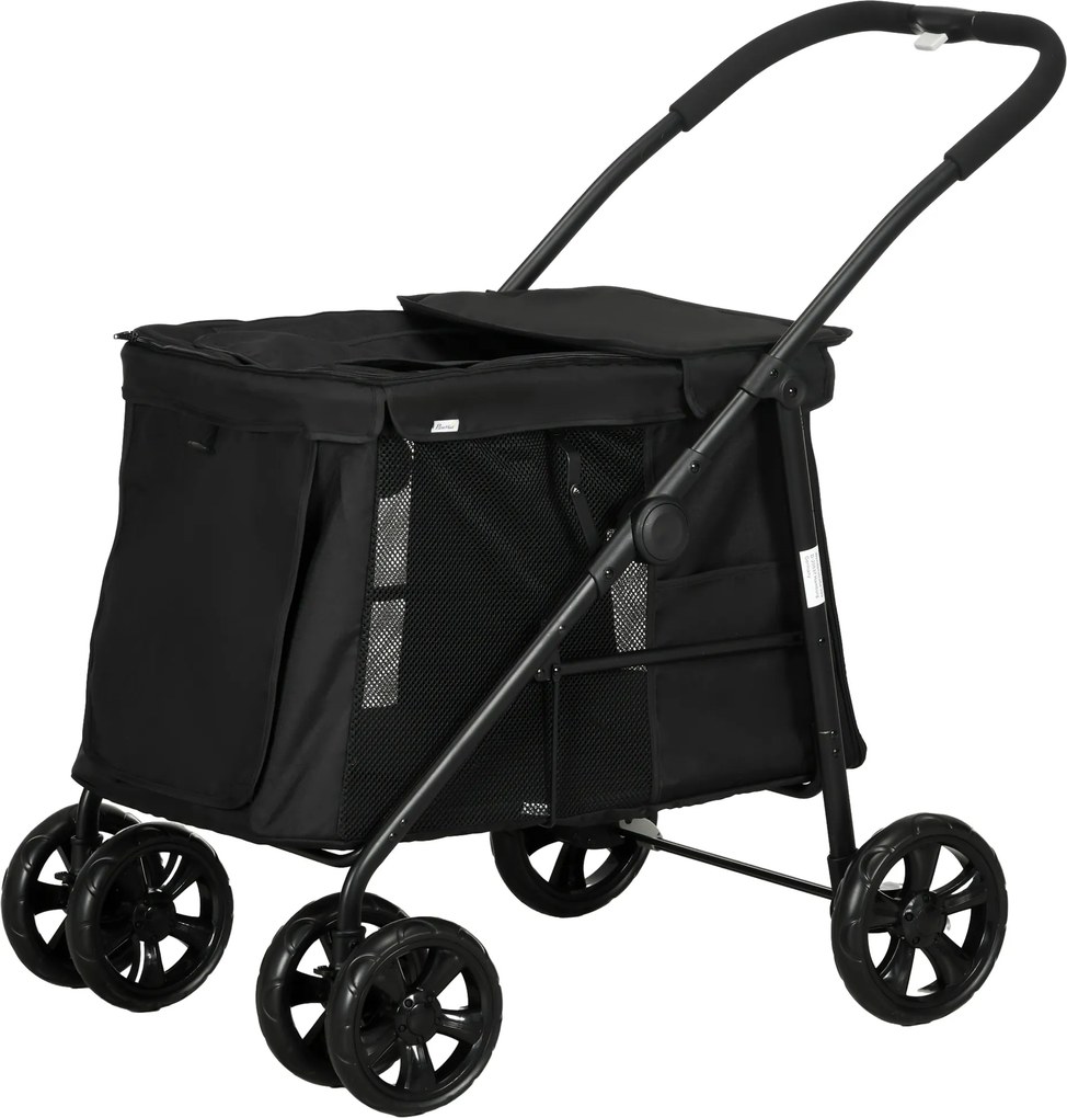 PawHut trolley para cães incl. almofada, 3 bolsos laterais, dobrável, carrinho para cães, 102 cm x 62 cm x 105 cm, Preto | Aosom Portugal