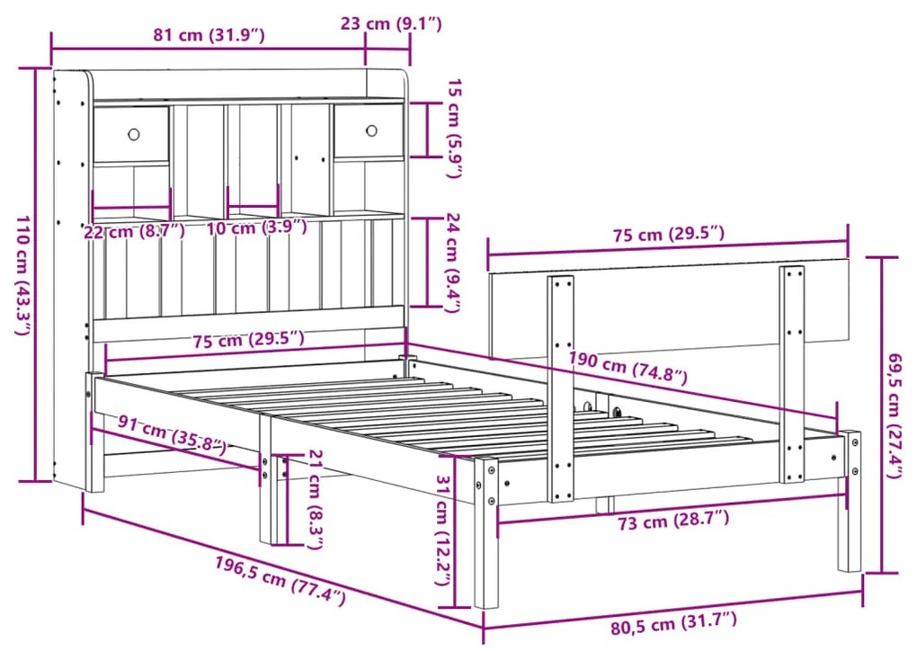 Cama com estante sem colchão 75x190 cm pinho maciço branco