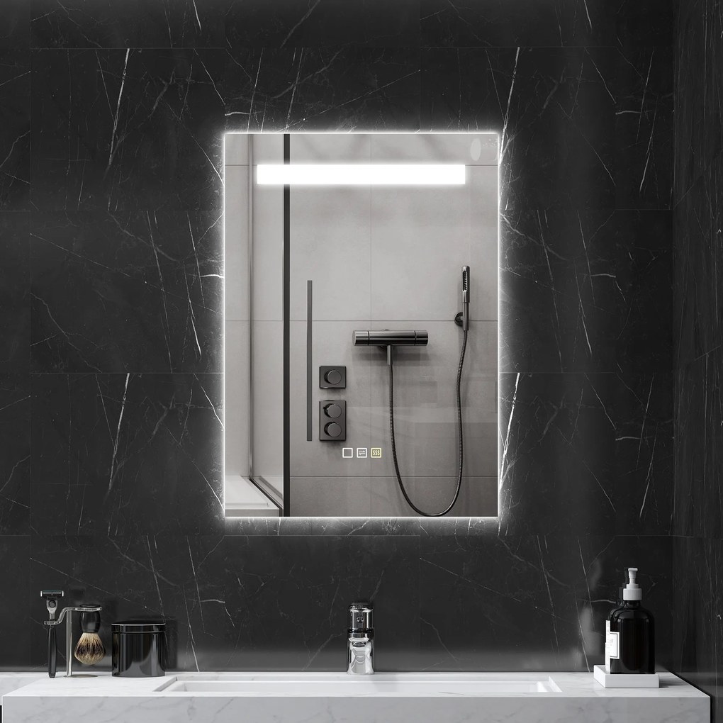 Espelho de Casa de Banho com Luz LED 70x50 cm 3 Cores de Luz Função Antiembaciamento Função de Memória IP44 Prata