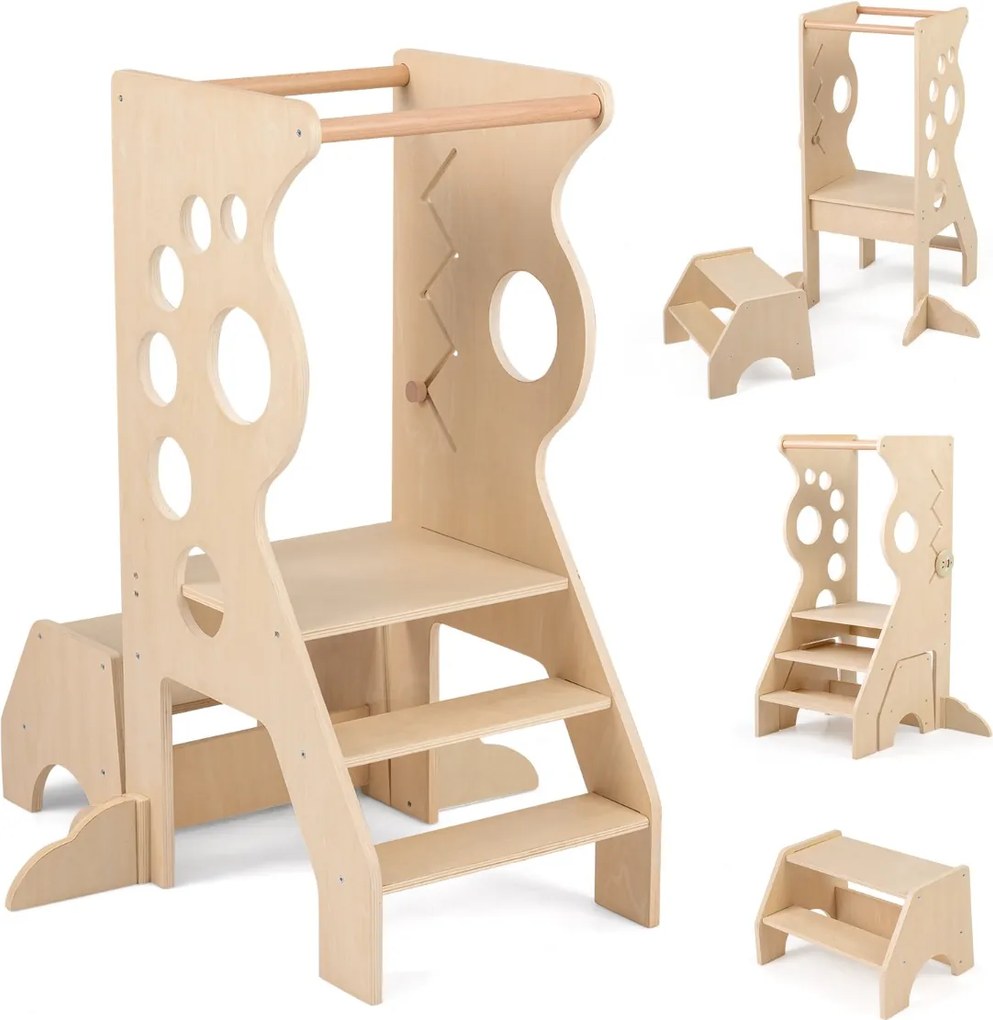 Banco de cozinha infantil 72 x 59 x 90,5 cm Torre de aprendizagem 2 em 1 com barras de segurança e 2 degraus para crianças +3 anos Natural