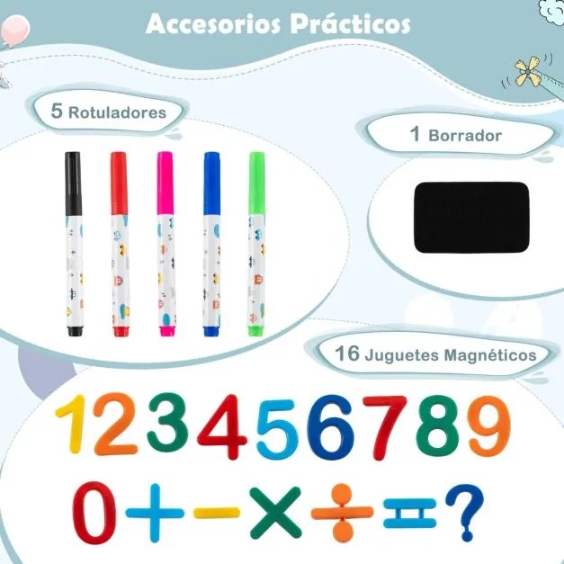 Cavalete de arte dobrável com altura ajustável, cadeira, marcadores, apagador a seco e brinquedos magnéticos azul