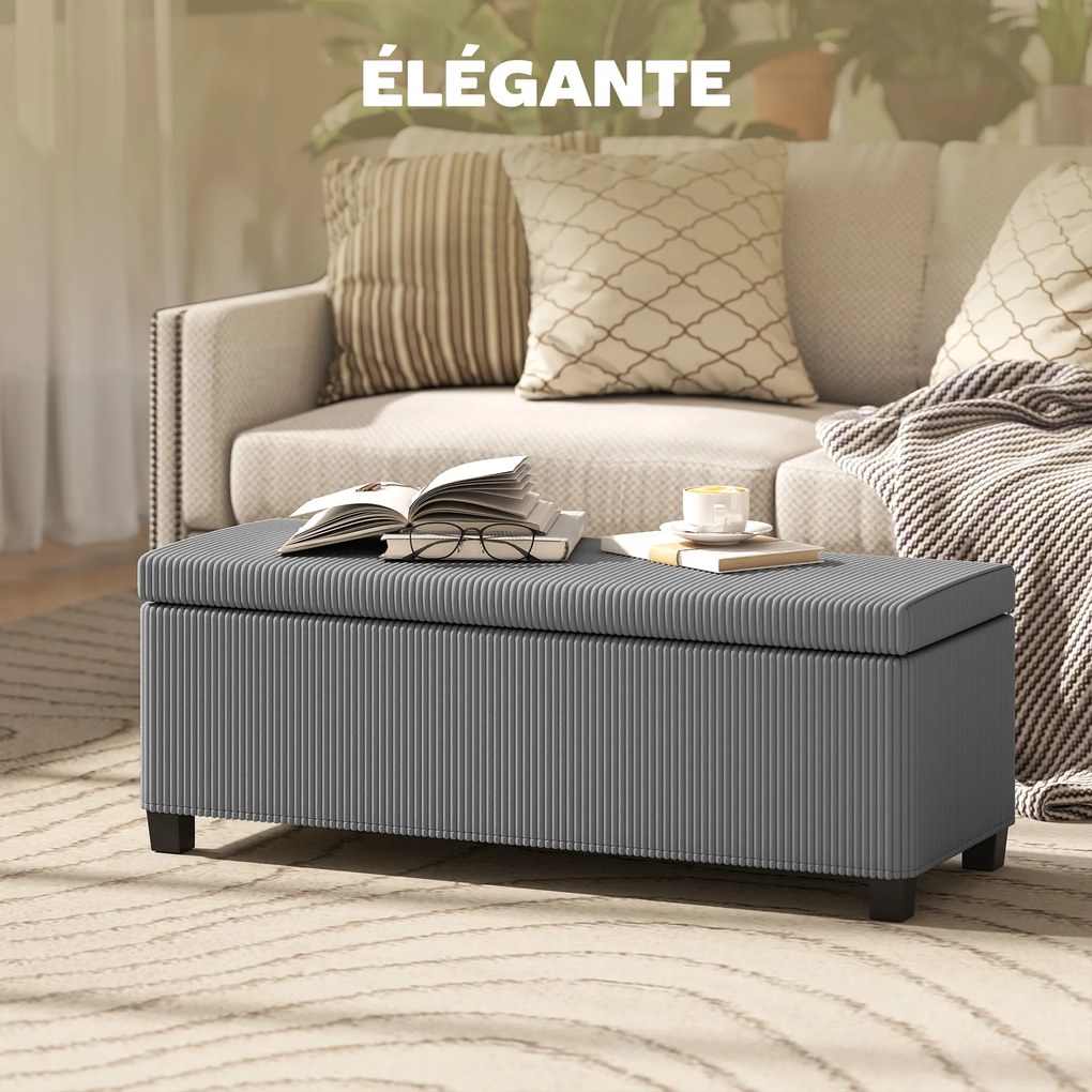 Banco de arrumação para colocar ao pé da cama em veludo canelado com tampa, para sala, quarto, hall de entrada, 112 x 42 x 40 cm, cinzento
