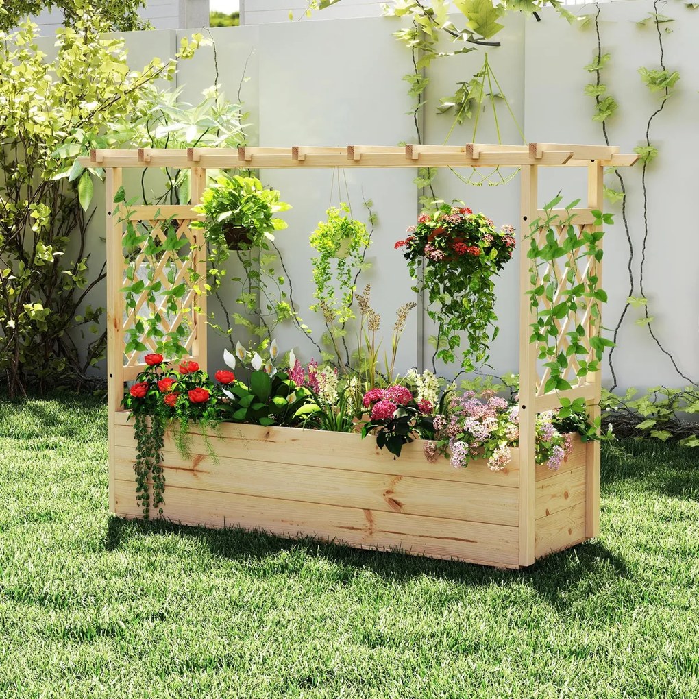 Floreira de jardim elevada com treliça, teto suspenso e drenagem madeira para trepadeiras e flores 148 x 50 x 103 cm Natural