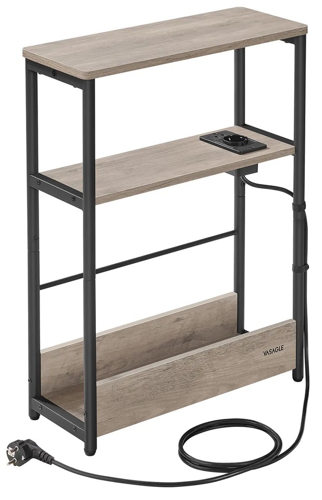 Mesa lateral fina VASAGLE com filtro de linha, mesa de cabeceira de 3 níveis, canto de sofá, para espaços pequenos, porta-revistas, sala de estar, quarto, escritório, cinza mesclado e preto tinta LET335K05