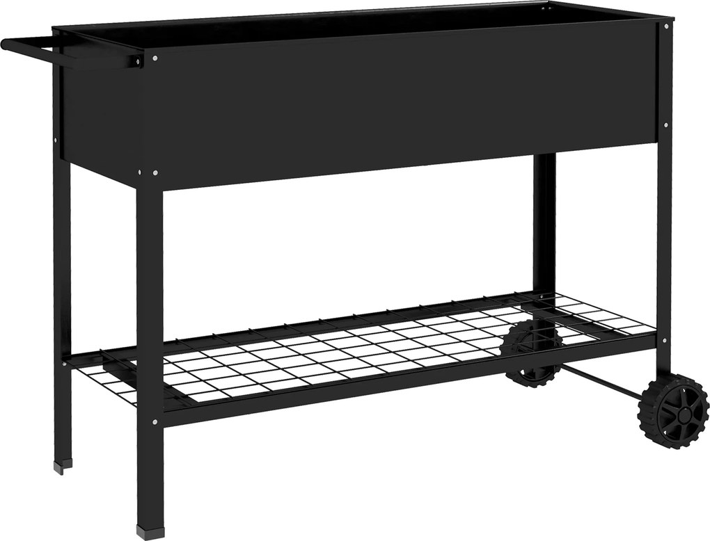 Outsunny Jardineira Elevada Horta dim. 109L x 39l x 80H cm prateleira 2 Rodas + Inserto de irrigação metal Preto | Aosom Portugal