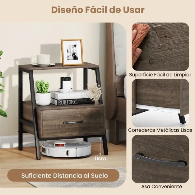 Mesa de cabeceira 45 x 35 x 52,5 cm com 3 níveis, prateleira aberta, gaveta e estrutura metálica para sala, cinzenta acastanhado