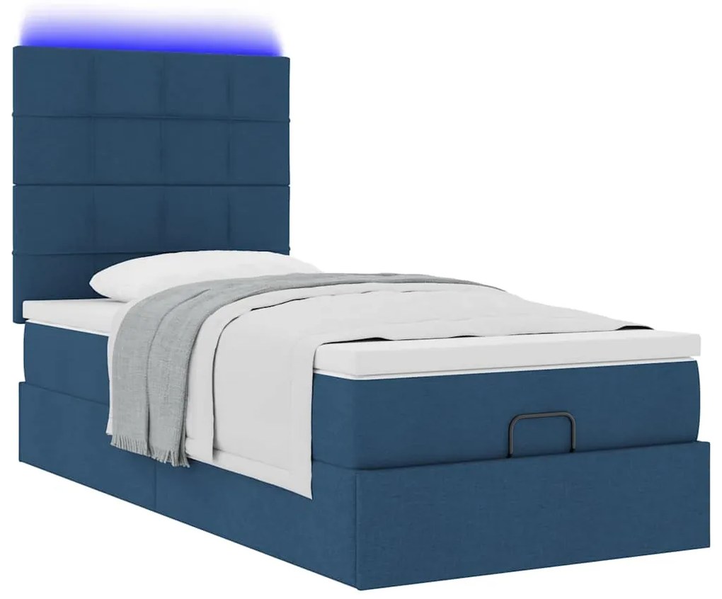 Cama Otomana com Colchão &amp; LEDs Tecido Azul 100x200 cm