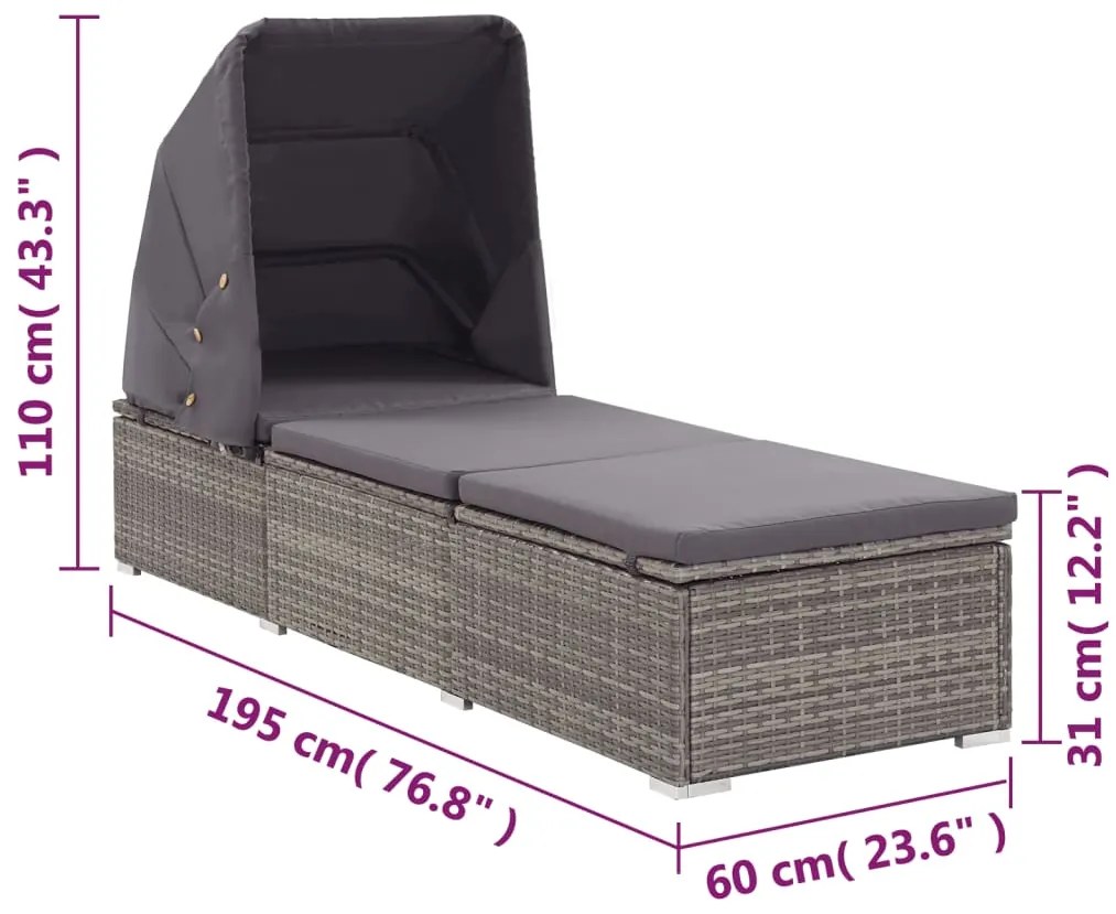 Espreguiçadeira com dossel e almofadão vime PE cinzento