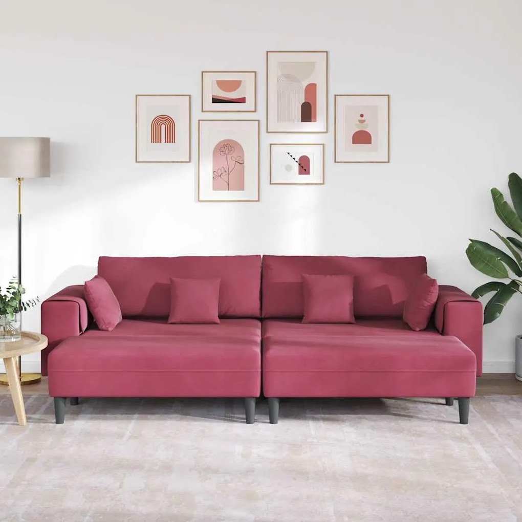 Sofá de Veludo com almofada 3 pcs Vinho Vermelho 208 cm Veludo