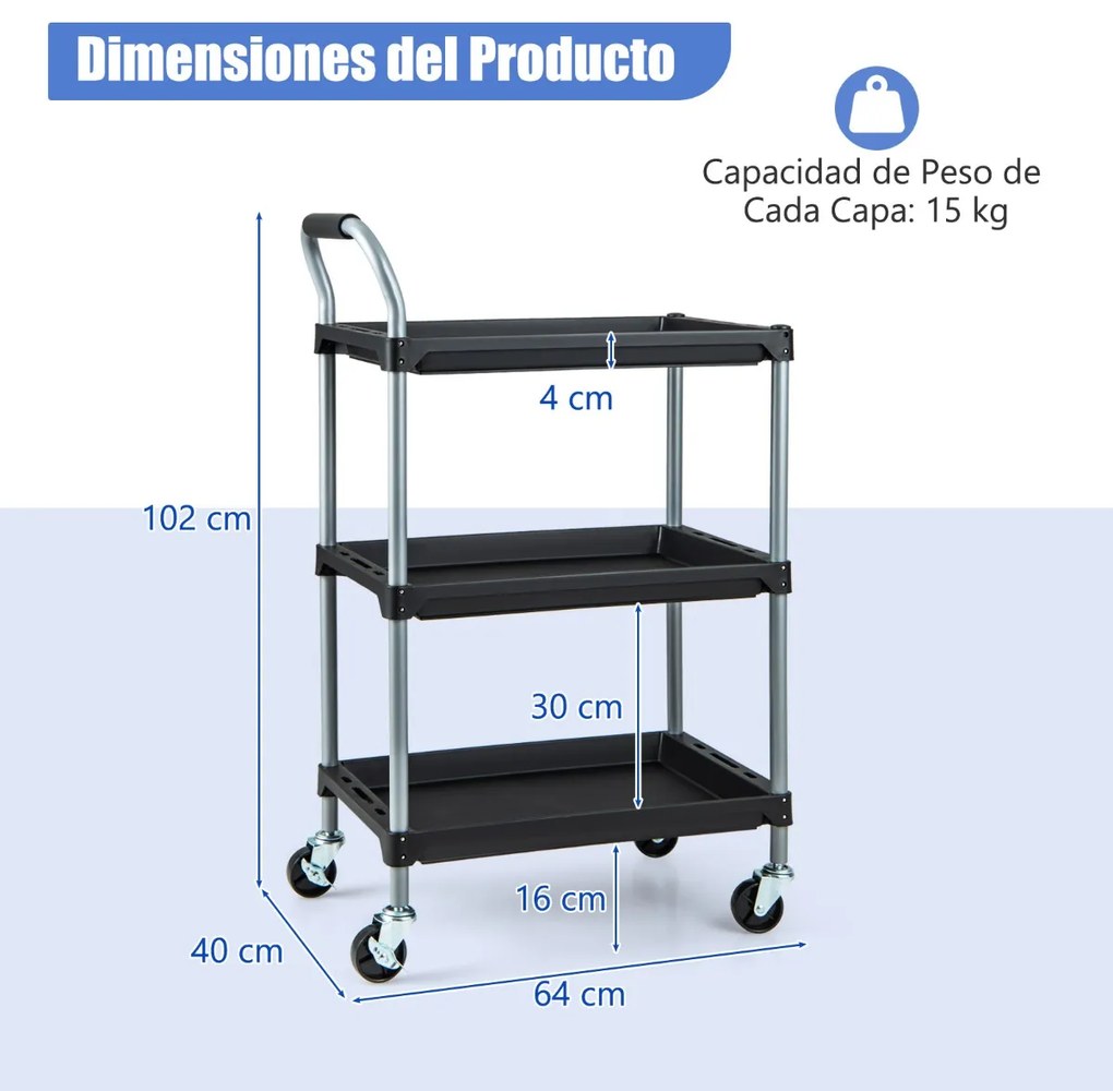 Carrinho de ferramentas de 3 camadas com prateleiras em PP, pega almofadada e rodas giratórias para garagem, oficina 64 x 40 x 102 cm Preto
