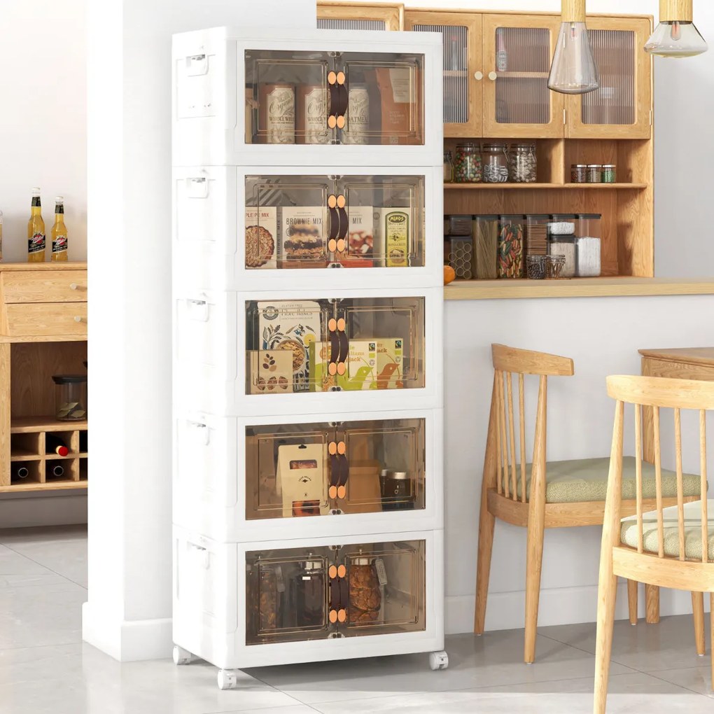 Conjunto de 5 caixas arrumação empilháveis com portas de rodas com fecho e tampas dobráveis em PP para o quarto 59,5 x 37,5 x 169 cm Branco