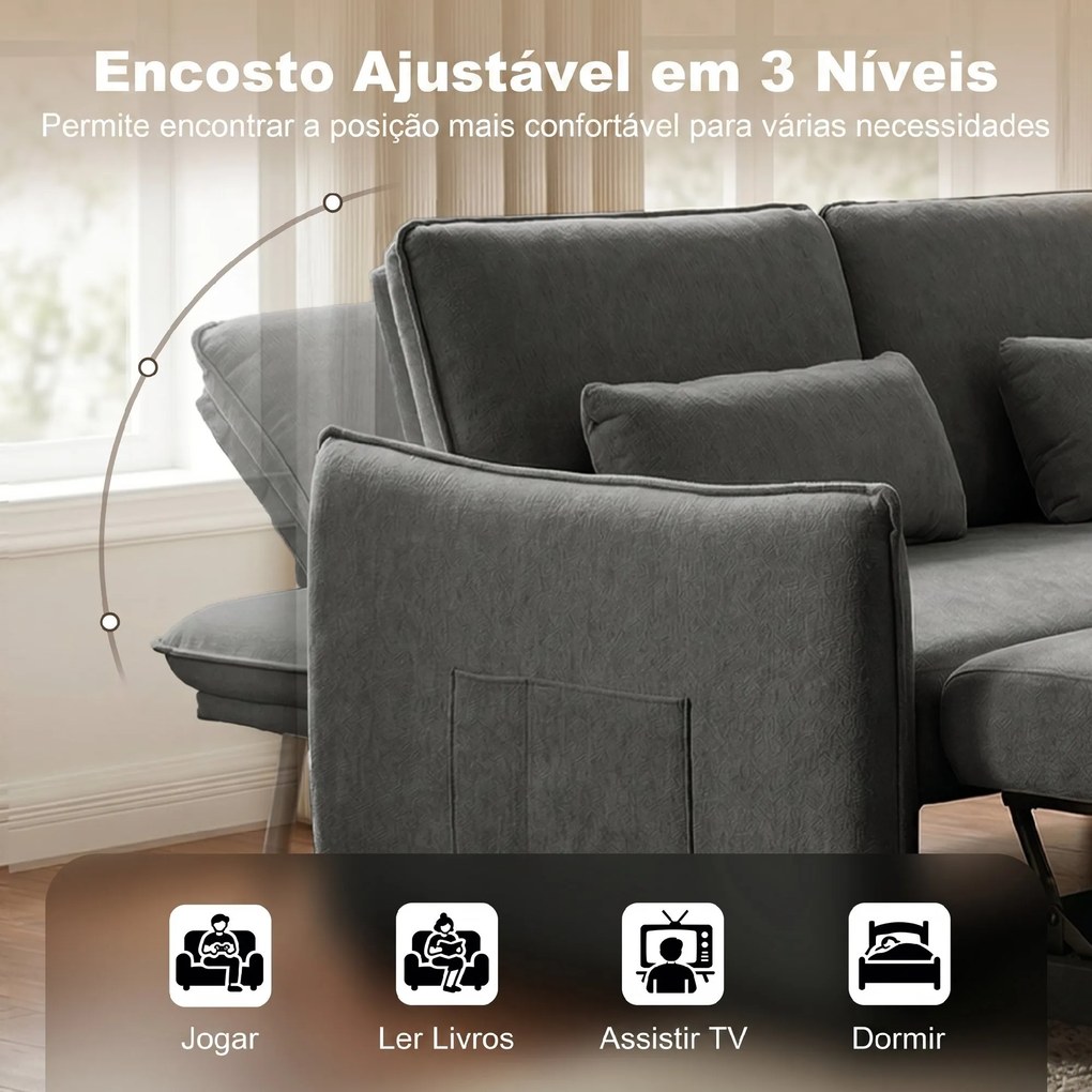 Sofá-Cama 2 Lugares 3 em 1 com Mesa Auxiliar Porta-Copos Encosto Ajustável Bolsos Laterais 2 Almofadas Cinzento Escuro