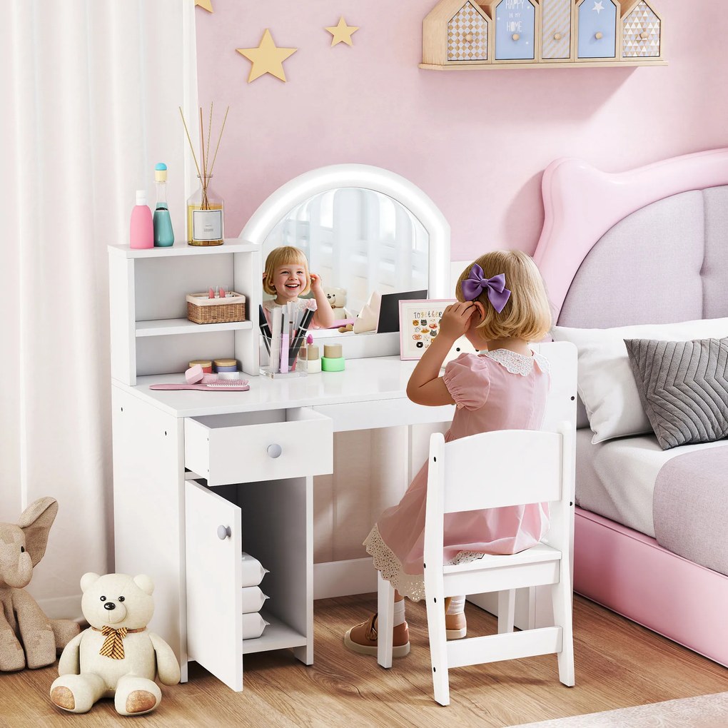 Toucador Infantil com Banqueta e Espelho com Luzes LED 1 Gaveta, Armário e 5 Prateleiras Branco
