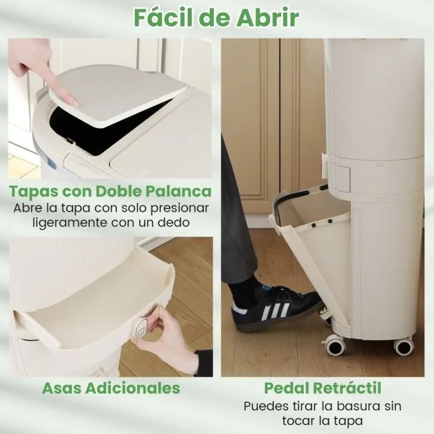 Caixote do lixo de 42 L com 2 caixotes removíveis, gaveta com pedal e rodas para sala, cozinha e casa de banho, bege
