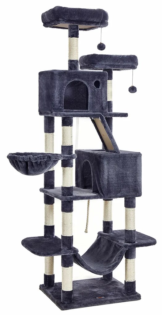Árvore para gatos FEANDREA, torre grande para gatos de 206 cm com 13 arranhadores, 1 rampa para arranhar, 2 poleiros, 2 cavernas, cesta, rede, pompons, condomínio de pelúcia multinível para gatos internos, cinza esfumaçado