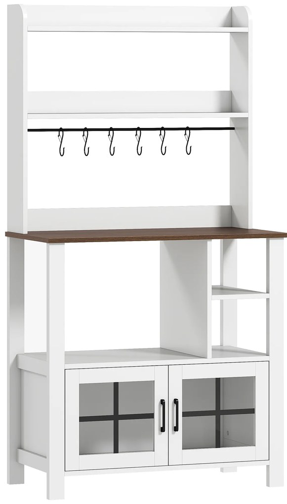 Armário de Cozinha Alto Móvel Auxiliar de Cozinha com 6 Ganchos para Chávenas 2 Portas de Vidro Prateleiras Abertas  80x40x152 cm Branco