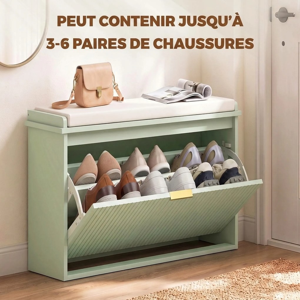 Banco para Sapatos, 62 x 26 x 47,5 cm, Duas Gavetas com Prateleiras Reguláveis, Verde