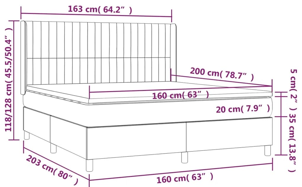 Cama box spring c/ colchão e LED 160x200 cm tecido azul