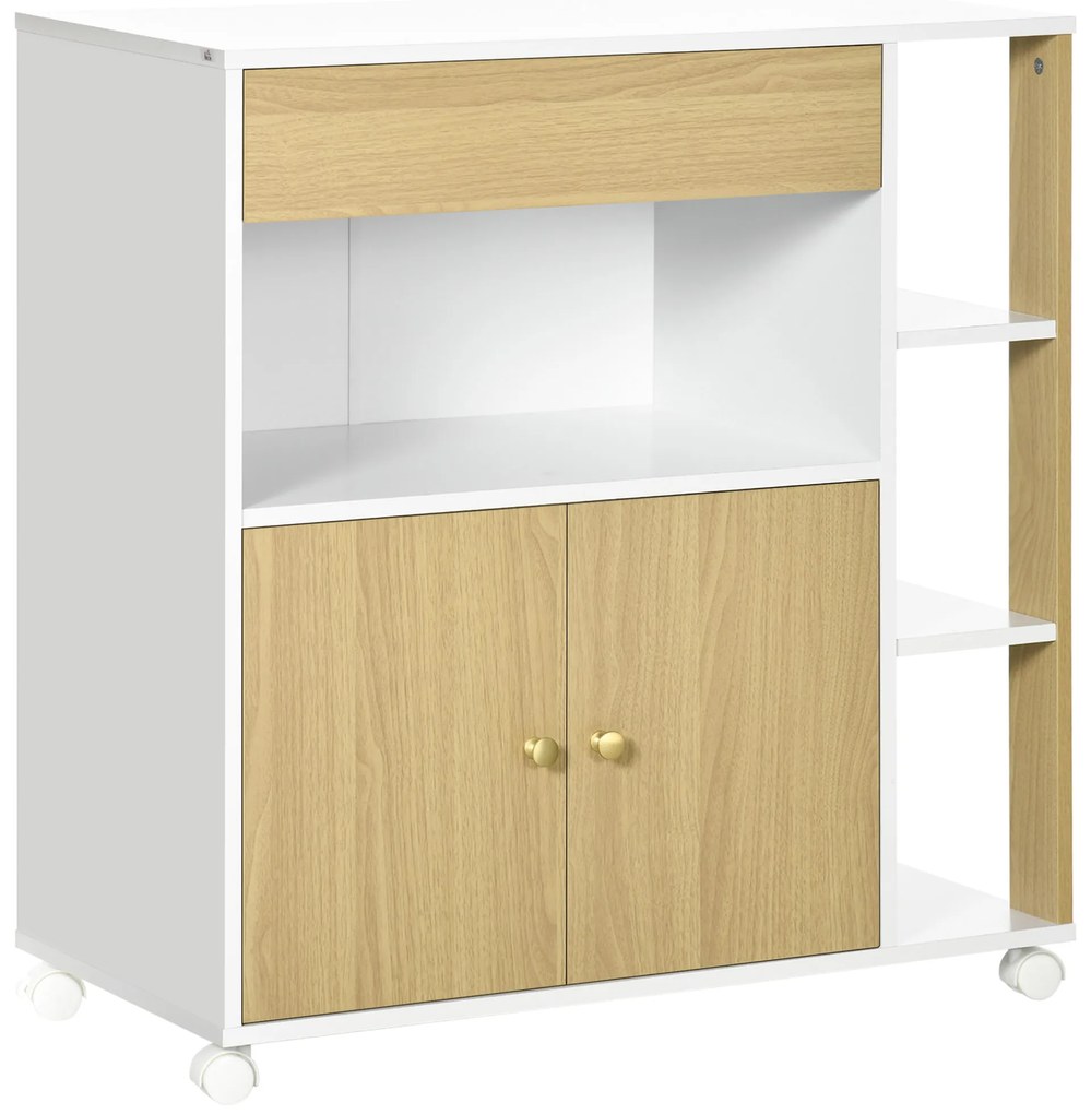 HOMCOM Carrinho de Cozinha com Rodas 2 Portas Gaveta Armazenamento Aberto e 3 Prateleiras Laterais 80x39x85,5cm Carvalho e Branco | Aosom Portugal