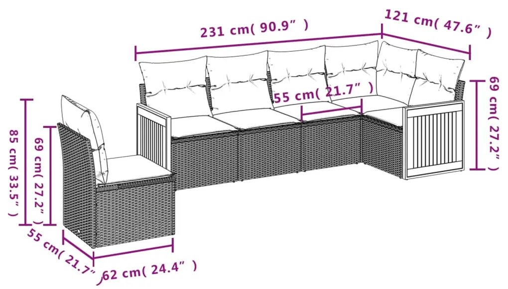6 pcs conjunto de sofás p/ jardim com almofadões vime PE bege