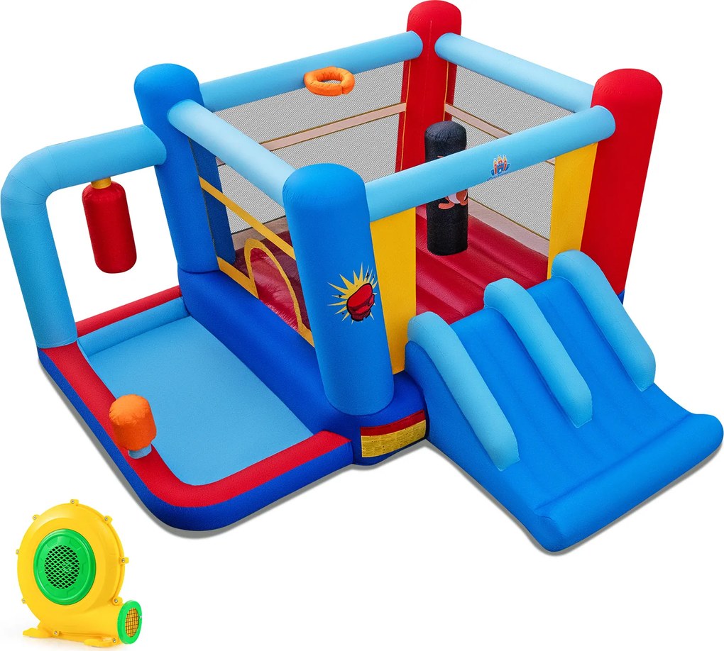 Castelo insuflável com Soprador de 550 W com sacos de boxe, piscina de bolas, cesto de basquetebol e escorregas duplos para crianças dos 3 aos 12 anos