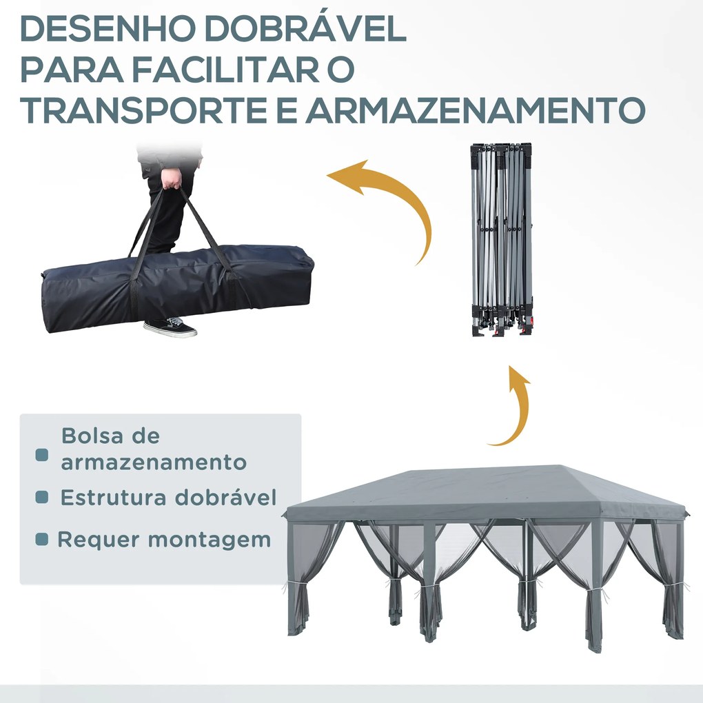 Tenda Dobrável 585x295x270 cm Tenda de Jardim com 6 Mosquiteiros Bolsa de Transporte e Estrutura de Aço Cinza