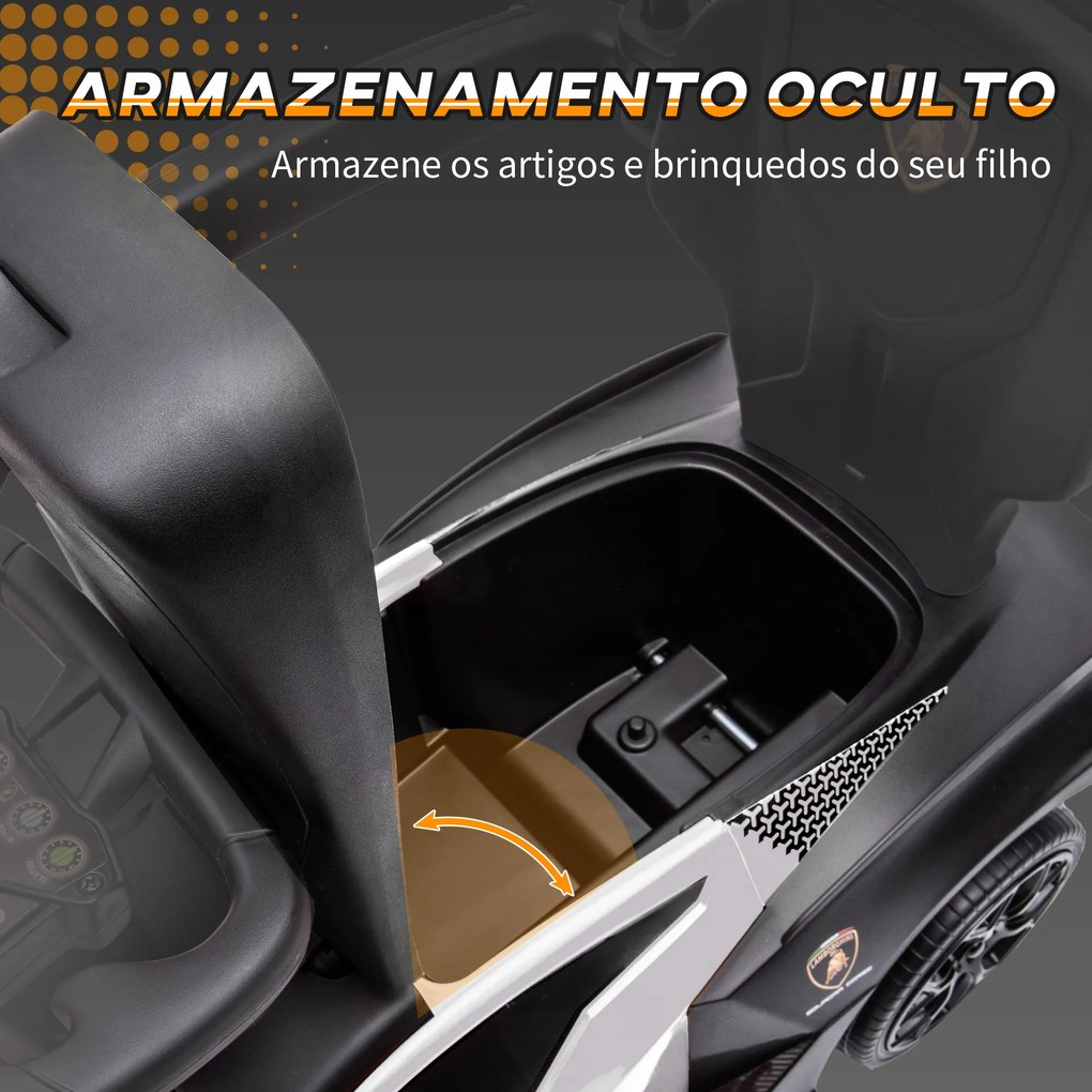 AIYAPLAY 2 em 1 Carro Andador para Crianças 12-36 Meses Lamborghini Essenza SCV2 Carro Andador com Buzina Guiador e Grade de Segurança Removível 86,5x40x89,5cm Branco e Preto