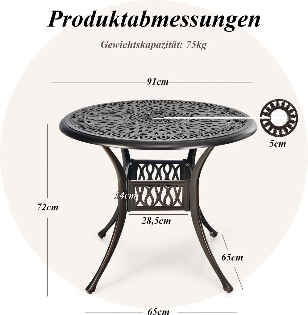 Mesa de jardim redonda  com orifício para guarda-sol Ø 90 cm, em alumínio fundido