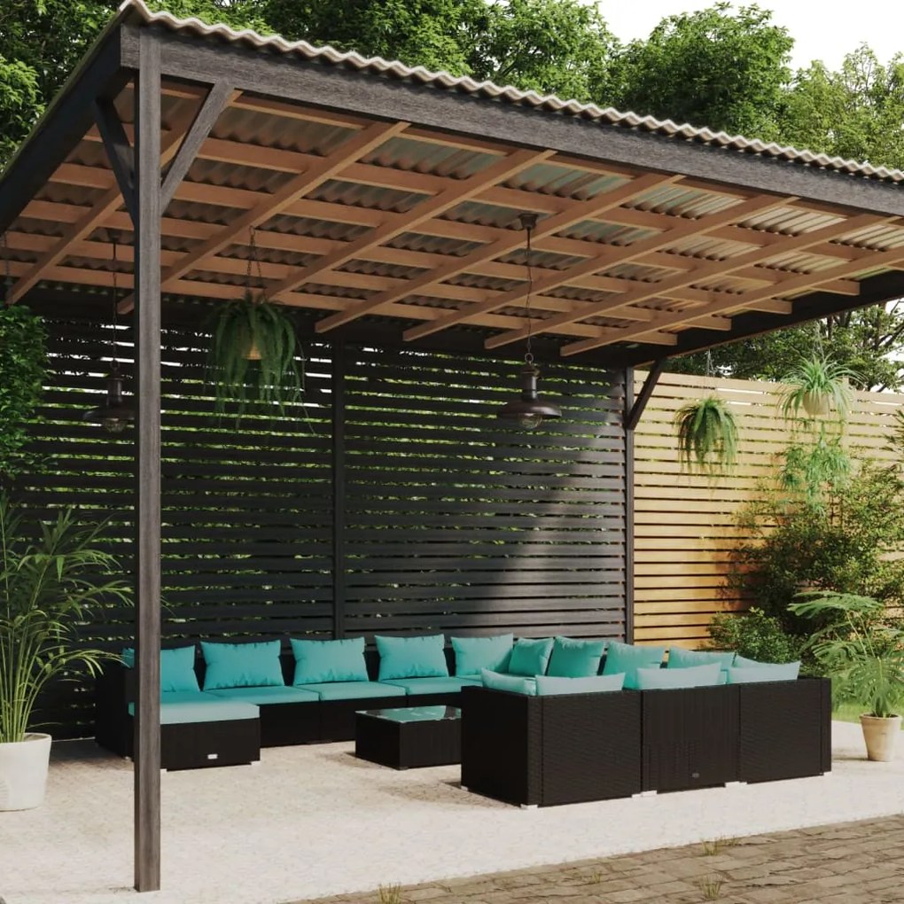 vidaXL 13 pcs conjunto lounge de jardim c/ almofadões vime PE preto