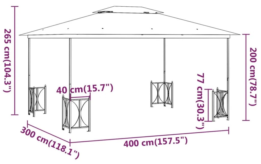 Gazebo com paredes laterais e telhado duplo 3x4 m cor creme