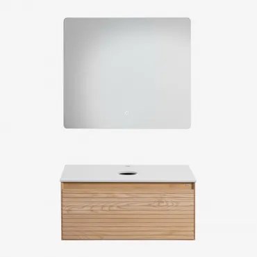 Conjunto De Móvel De Casa De Banho Suspenso 80x50 Cm Em Madeira De Freixo Tedrik Castanho Fresno & Sem Lavatório & Led Retangular - Sklum
