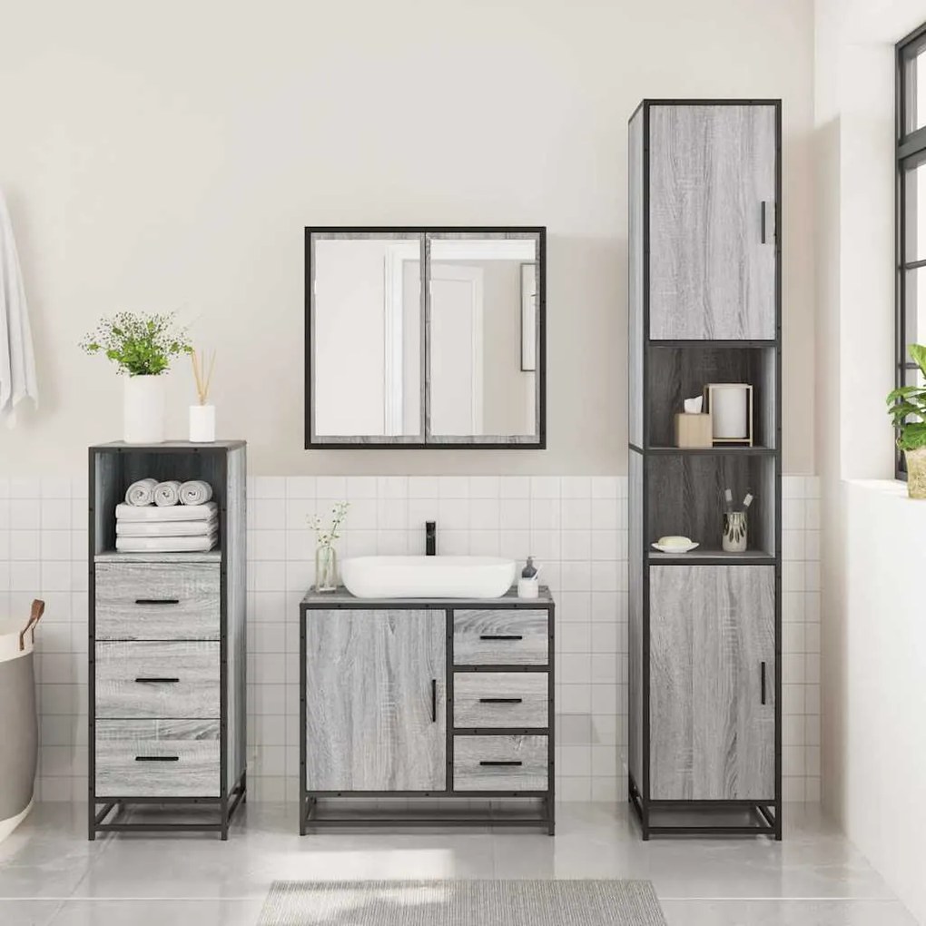 3 pcs Conjunto móveis casa de banho madeira proc. cinza sonoma
