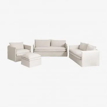 Conjunto De Sala Com Sofá De 2 Lugares, Sofá De 3 Lugares, Poltrona E Puff Em Linho E Algodão Grace Tecido Beige - Sklum