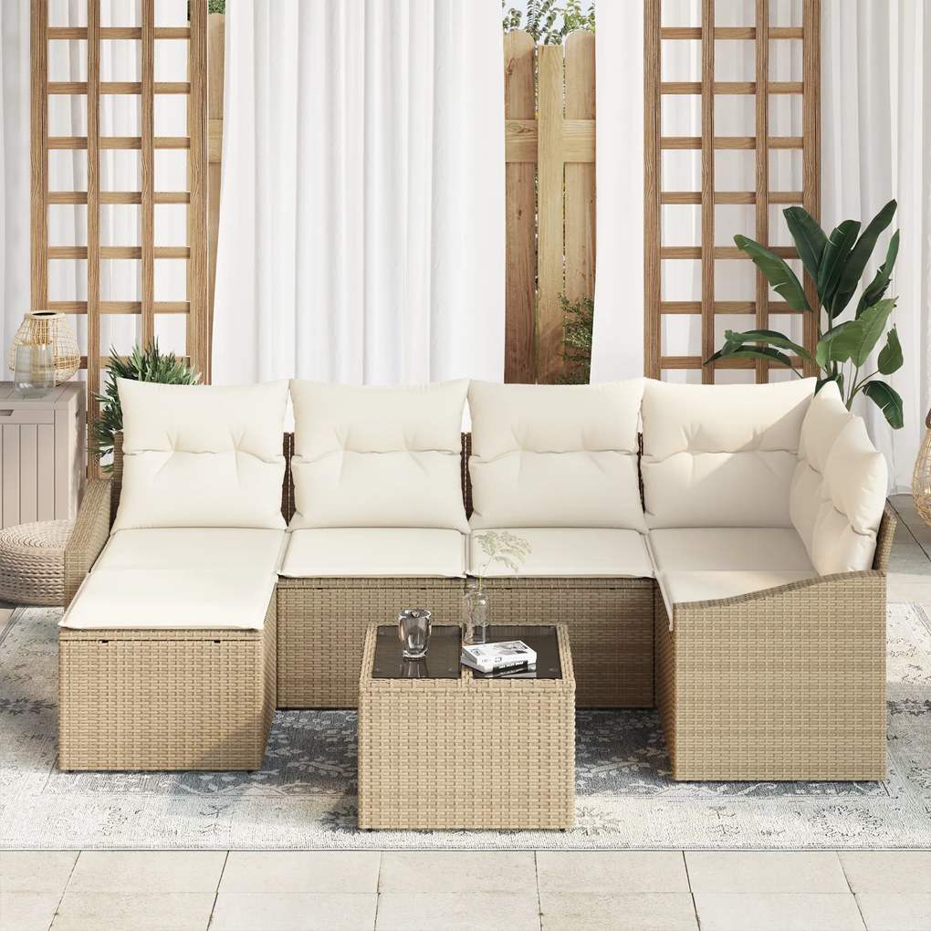 Conjunto de Jantar de 7 Peças com Almofadas Rattan Polimérico Bege