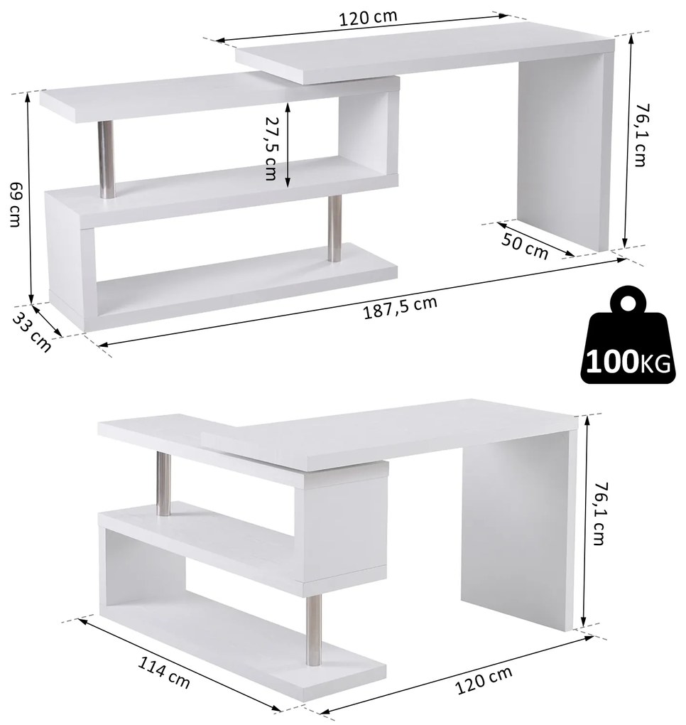 Secretária em forma de L com canto giratório de 360º e prateleiras para escritório 114x120x76,1 cm Branco