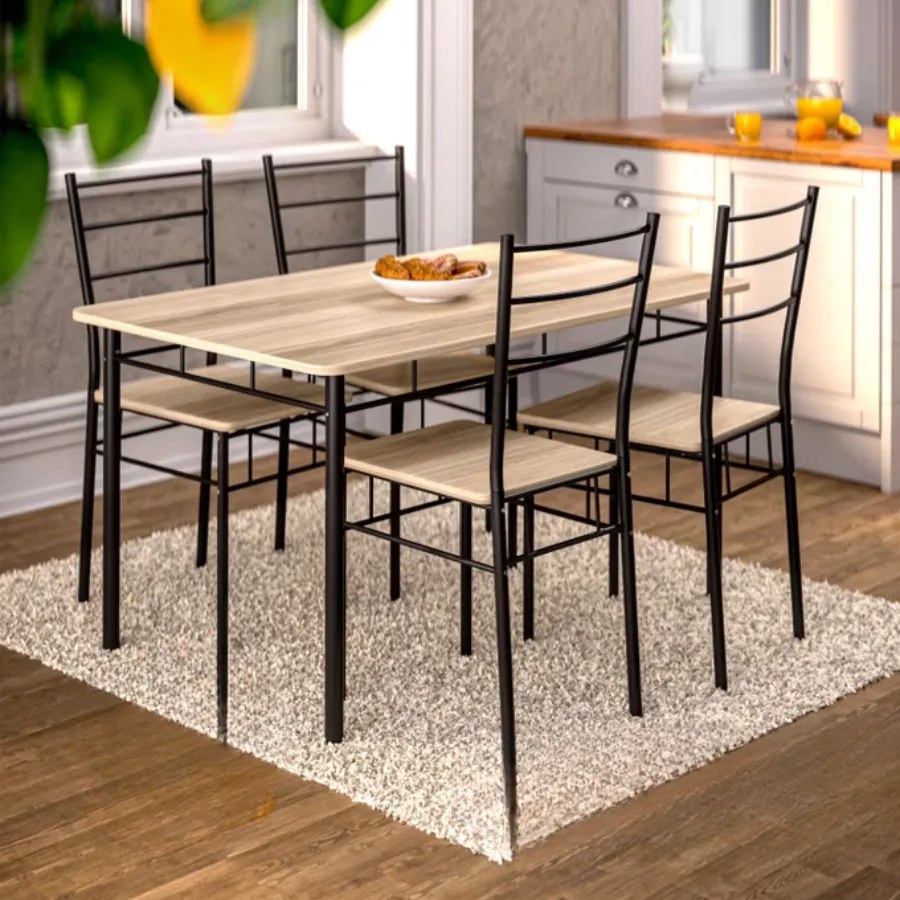 Conjunto de mesa cozinha com 4 cadeiras Leo, 5 peças, cor carvalho
