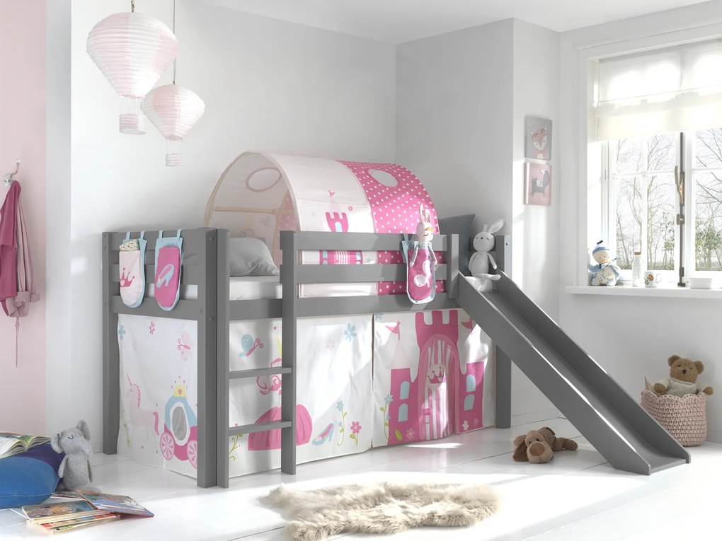 Conjunto Cama alta de Criança PINO 90 x 200 cm + estrado + escada + escorrega + tunel + cortina + bolsas de arrumação Princesa Cinzenta