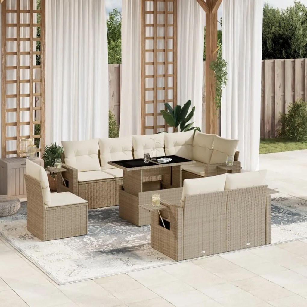 9 pcs conjunto de sofás p/ jardim com almofadões vime PE bege