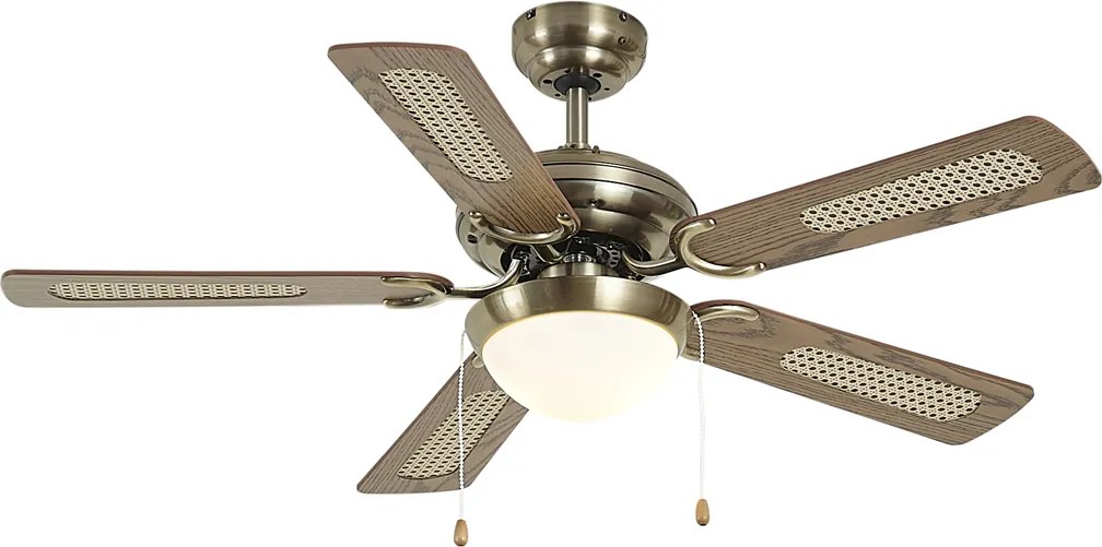 Ventilador de teto latão com impressão de madeira e rattan 105cm com interruptor de tração - Mistral Majas