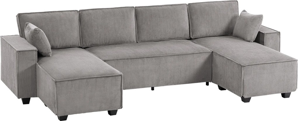 HOMCOM Sofá de canto com dupla chaise-longue, sofá em U em tecido cotelê com assento largo e profundo, almofadas com mola ensacada, Cinza claro | Aosom Portugal